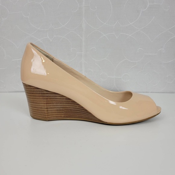 Cole Haan Shoes - Cole Haan Womens Pump Shoes Size 9 Nude Sadie Patent Leather Peep Toe Wedge Heel